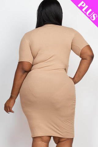 Plus Size Ribbed Short Sleeve Bodycon Midi Dress