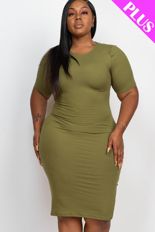 Plus Size Ribbed Short Sleeve Bodycon Midi Dress