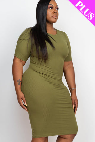 Plus Size Ribbed Short Sleeve Bodycon Midi Dress