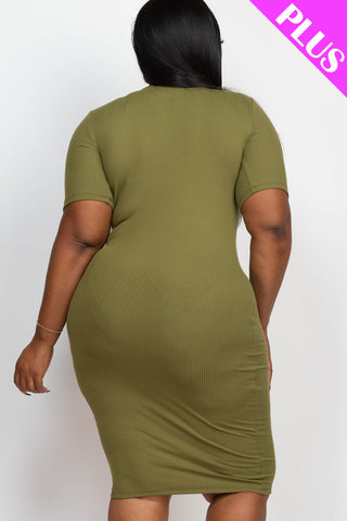 Plus Size Ribbed Short Sleeve Bodycon Midi Dress