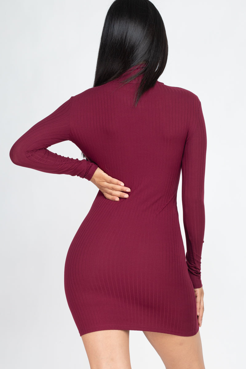 Back view of model wearing ribbed mock neck bodycon mini dress in burgundy with long sleeves, showing slim fit and ribbed texture.