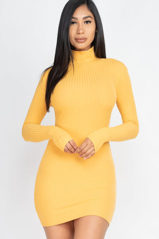 Yellow ribbed mock neck bodycon mini dress with long sleeves, crafted from high stretch polyester and spandex. Model is 5'8", wearing size small.