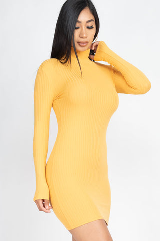 Stylish orange ribbed mock neck bodycon mini dress; high stretch fabric, 92% polyester, 8% spandex, perfect for night out fashion.