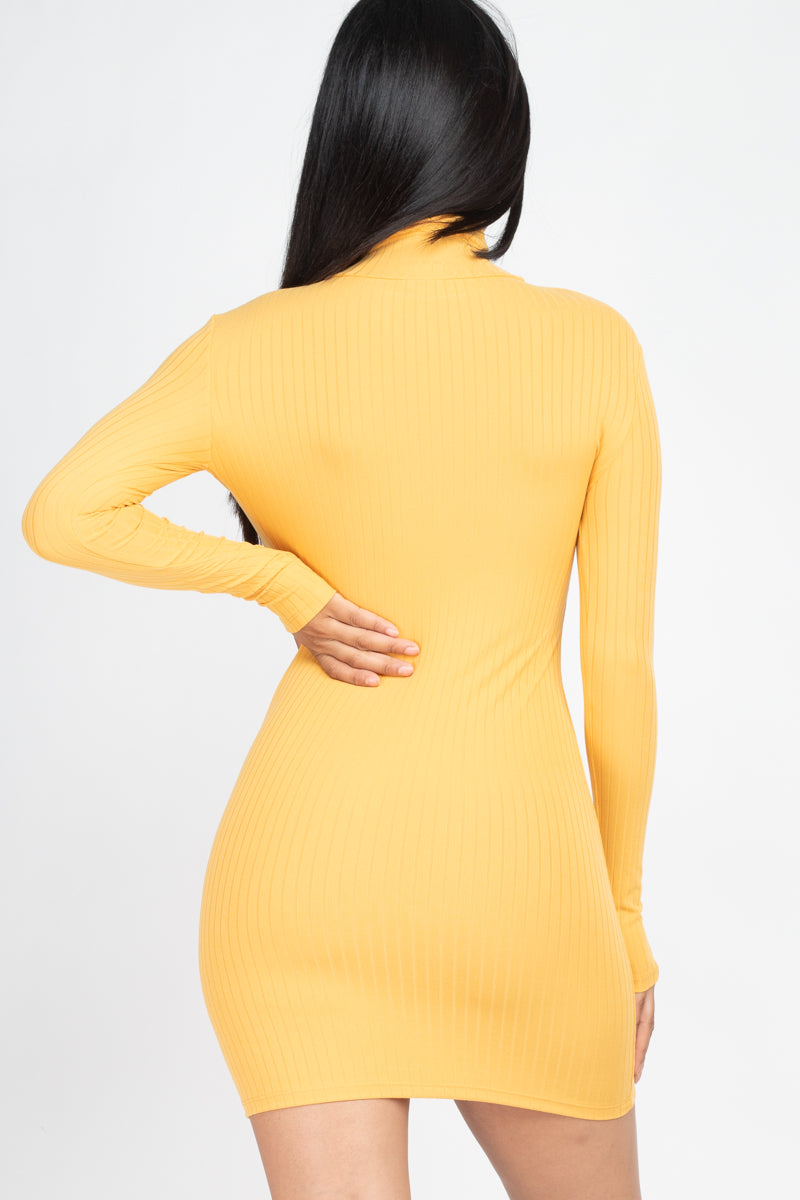 Back view of yellow ribbed mock neck bodycon mini dress with long sleeves, made of high stretch polyester and spandex knit fabric.