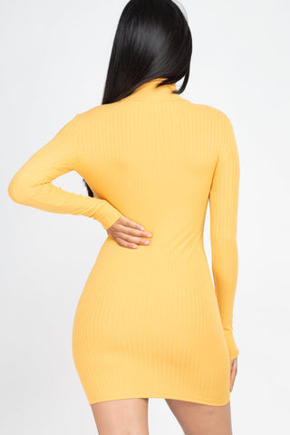 Back view of yellow ribbed mock neck bodycon mini dress with long sleeves, made of high stretch polyester and spandex knit fabric.