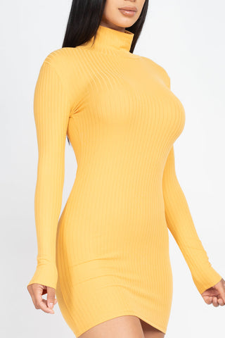 Yellow ribbed mock neck bodycon mini dress with long sleeves, made of high stretch polyester and spandex fabric.