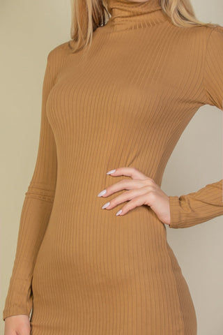 Ribbed mock neck bodycon mini dress in camel color, showcasing long sleeves and a fitted silhouette.