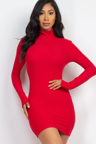 Woman wearing red ribbed mock neck bodycon mini dress, long sleeves, high stretch fabric, trendy and stylish fashion look.