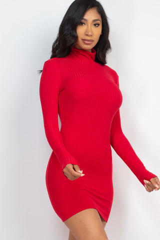 Model wearing a red ribbed mock neck bodycon mini dress, featuring long sleeves and high stretch knit fabric.