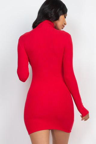 Woman wearing red ribbed mock neck bodycon mini dress, back view showing fitted style and long sleeves, perfect for a sexy look.