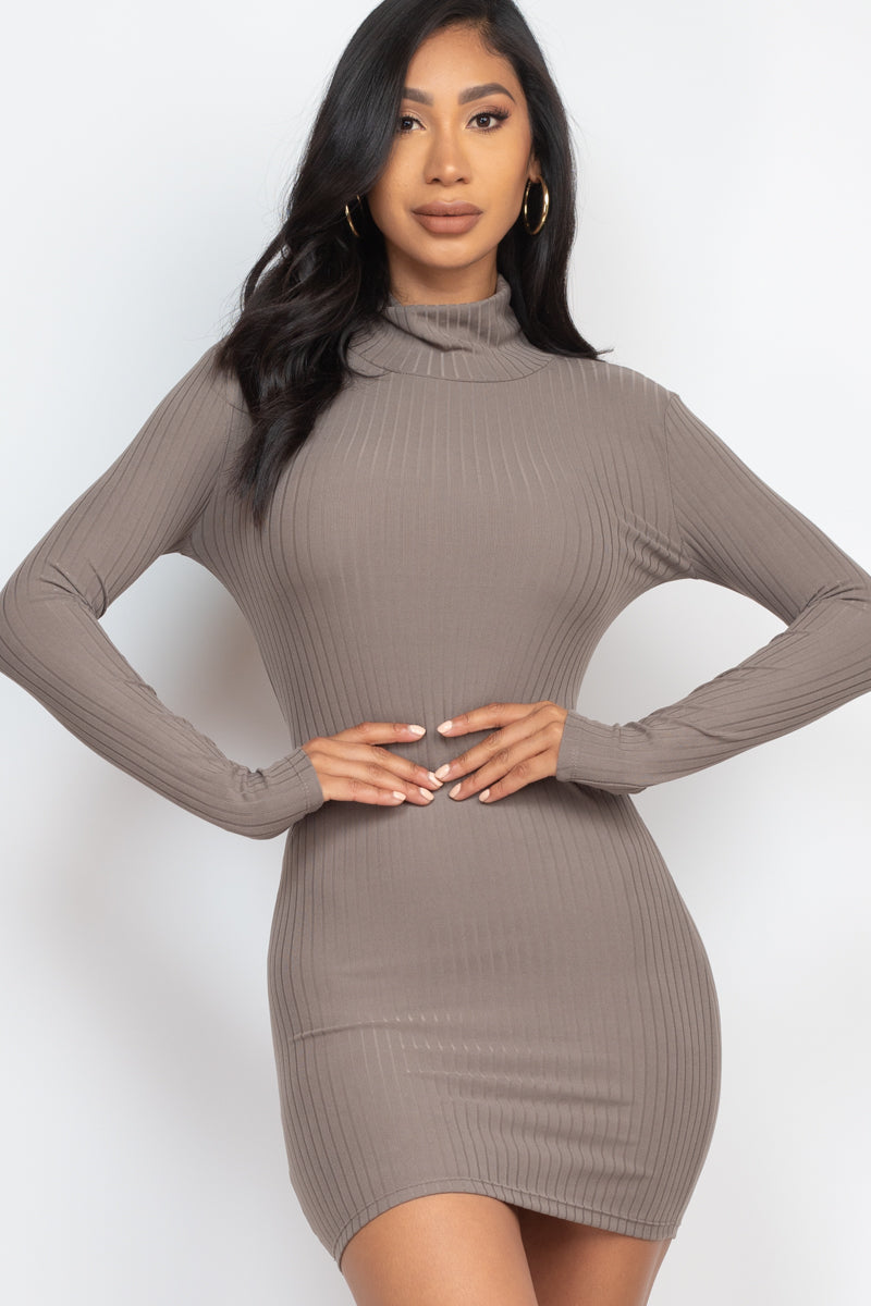 Ribbed mock neck bodycon mini dress in taupe on model, featuring long sleeves and high stretch rib knit for a sleek, sexy fit.