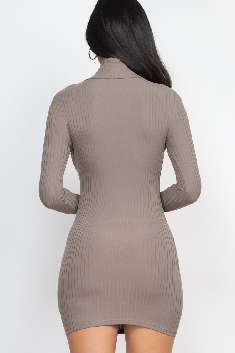 Back view of ribbed mock neck bodycon mini dress in taupe, featuring high stretch knit fabric for a sleek, stylish look.