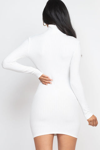 Back view of a woman wearing a white ribbed mock neck bodycon mini dress with long sleeves and a figure-hugging fit, made from rib knit fabric.