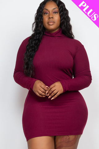 Plus Size Ribbed Long Sleeve Mock neck Mini Bodycon dress