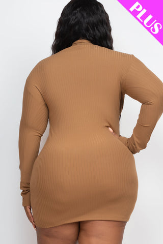 Plus Size Ribbed Long Sleeve Mock neck Mini Bodycon dress