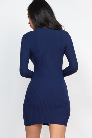 Back view of woman wearing navy ribbed mock neck bodycon mini dress, showcasing slim fit and high stretch fabric.