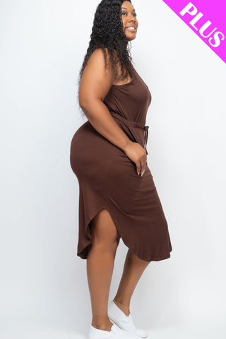 PLUS SIZE DRAWSTRING SLEEVELESS MIDI DRESS