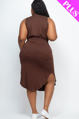 PLUS SIZE DRAWSTRING SLEEVELESS MIDI DRESS