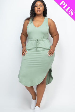 PLUS SIZE DRAWSTRING SLEEVELESS MIDI DRESS