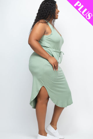 PLUS SIZE DRAWSTRING SLEEVELESS MIDI DRESS