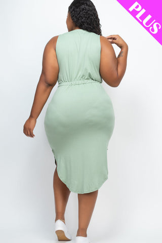 PLUS SIZE DRAWSTRING SLEEVELESS MIDI DRESS