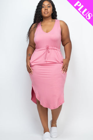 PLUS SIZE DRAWSTRING SLEEVELESS MIDI DRESS