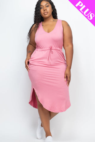 PLUS SIZE DRAWSTRING SLEEVELESS MIDI DRESS