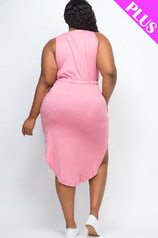 PLUS SIZE DRAWSTRING SLEEVELESS MIDI DRESS