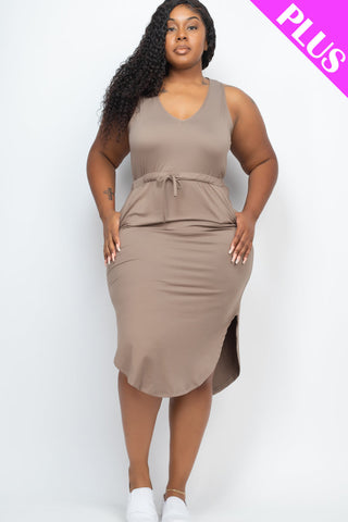 PLUS SIZE DRAWSTRING SLEEVELESS MIDI DRESS