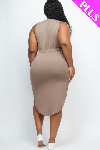 PLUS SIZE DRAWSTRING SLEEVELESS MIDI DRESS