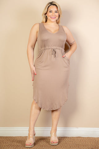 PLUS SIZE DRAWSTRING SLEEVELESS MIDI DRESS