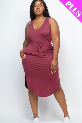 PLUS SIZE DRAWSTRING SLEEVELESS MIDI DRESS