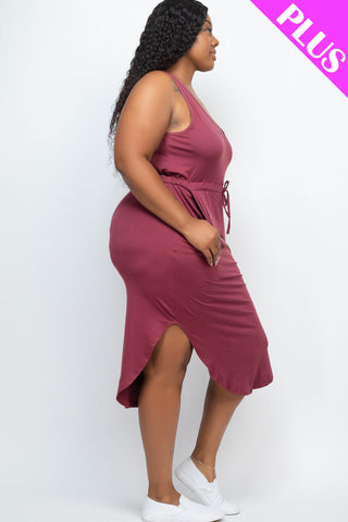 PLUS SIZE DRAWSTRING SLEEVELESS MIDI DRESS