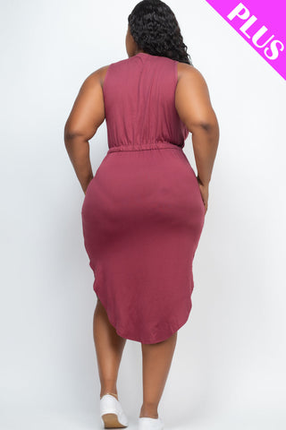 PLUS SIZE DRAWSTRING SLEEVELESS MIDI DRESS