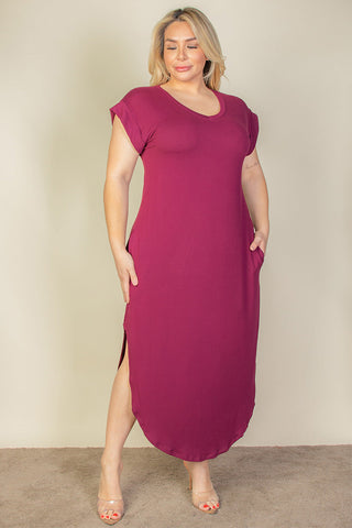 Plus Size Hidden Pocket Batwing Sleeve V Neck Long Dress