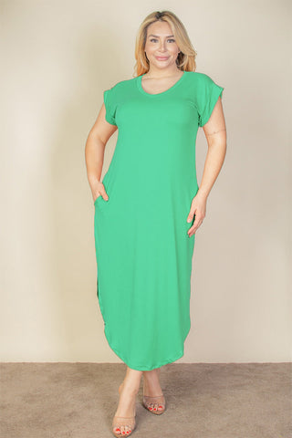 Plus Size Hidden Pocket Batwing Sleeve V Neck Long Dress