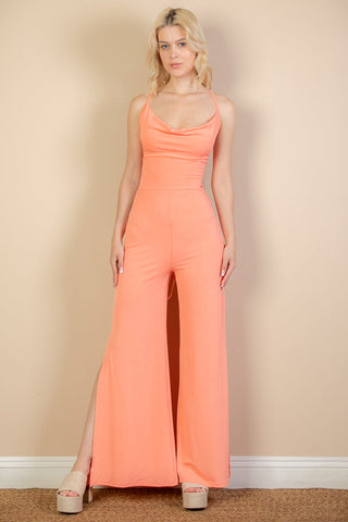 Ribbed Cowl Neck Backless Split Wide Leg Jumpsuit