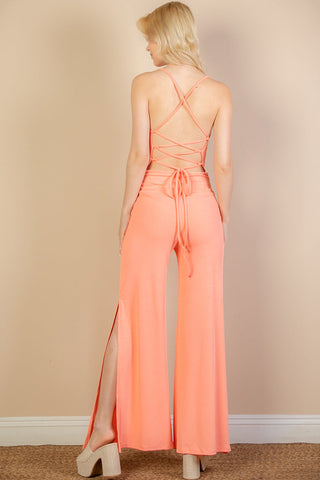 Ribbed Cowl Neck Backless Split Wide Leg Jumpsuit