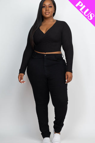 Plus Size Ribbed Wrap Front Long Sleeve Top