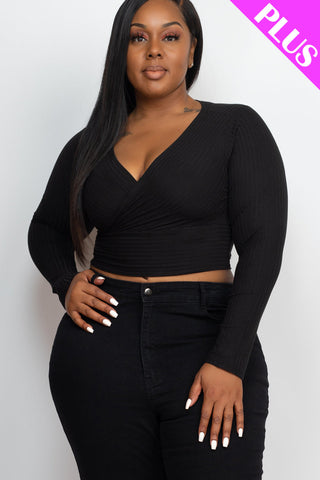 Plus Size Ribbed Wrap Front Long Sleeve Top