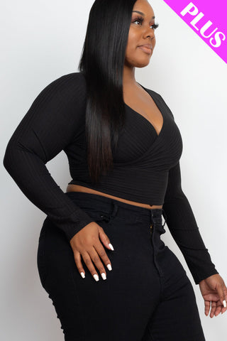 Plus Size Ribbed Wrap Front Long Sleeve Top