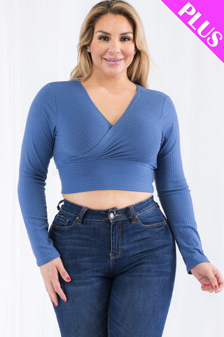 Plus Size Ribbed Wrap Front Long Sleeve Top