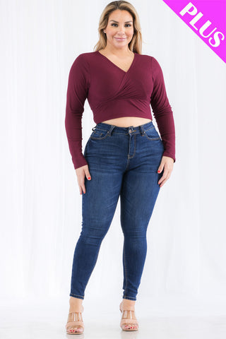 Plus Size Ribbed Wrap Front Long Sleeve Top