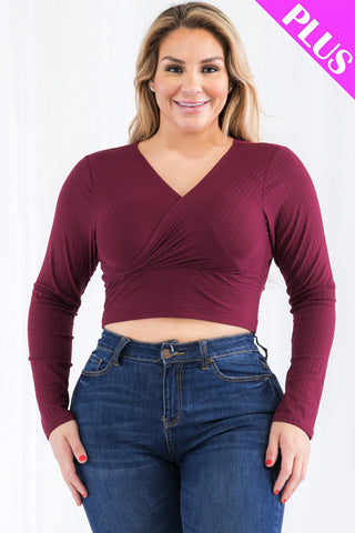 Plus Size Ribbed Wrap Front Long Sleeve Top