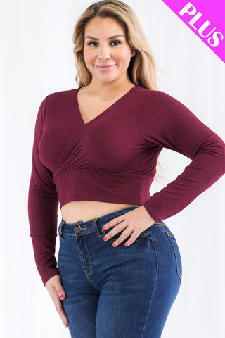 Plus Size Ribbed Wrap Front Long Sleeve Top