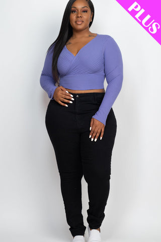 Plus Size Ribbed Wrap Front Long Sleeve Top