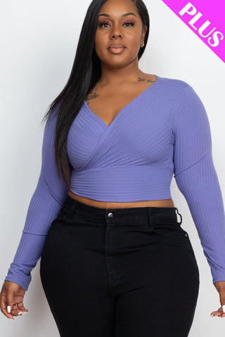 Plus Size Ribbed Wrap Front Long Sleeve Top