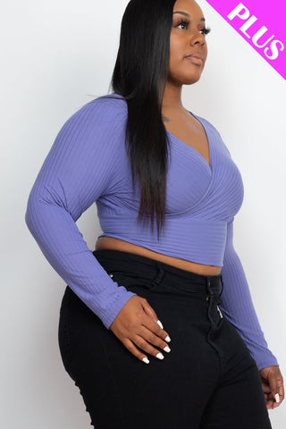 Plus Size Ribbed Wrap Front Long Sleeve Top