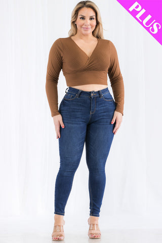 Plus Size Ribbed Wrap Front Long Sleeve Top