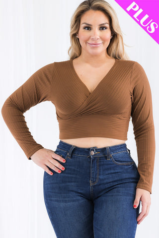 Plus Size Ribbed Wrap Front Long Sleeve Top